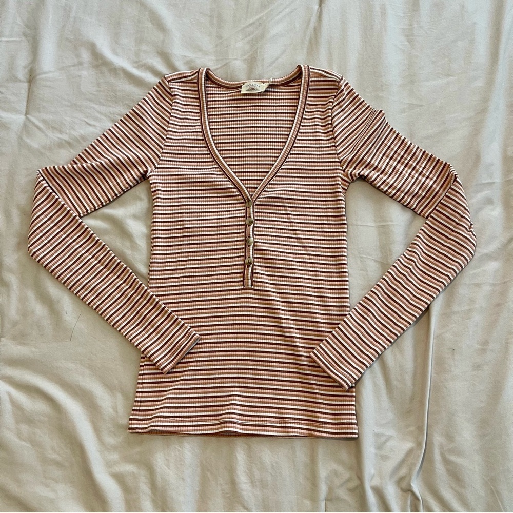 Faherty Rust and White Striped Long Sleeve Henley Top Size XS